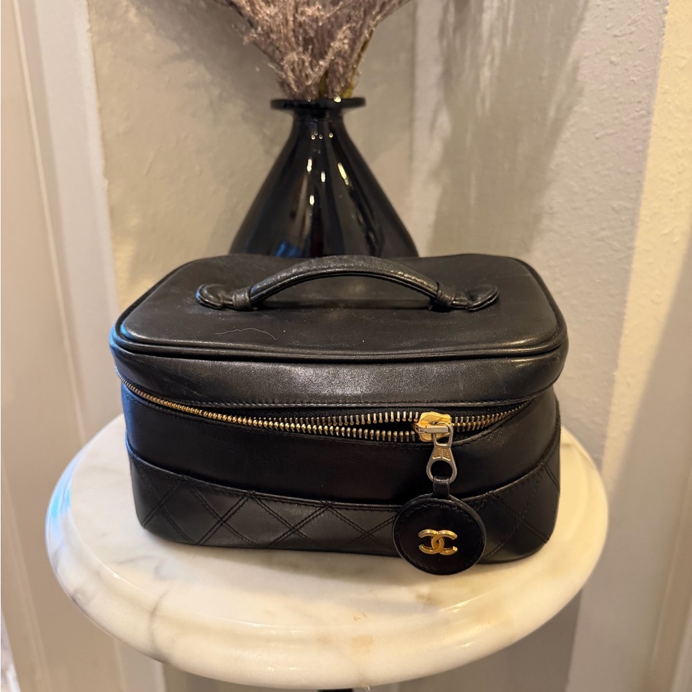 Chanel Black Quilted Vanity Case with Gold Accents